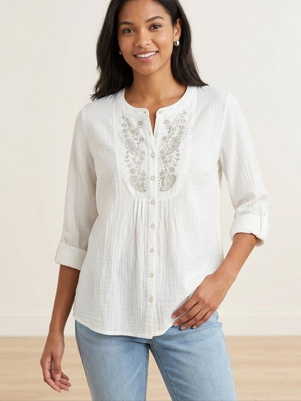 NWT TANTRUMS Ivory Embroidered tunic blouse Size Large
